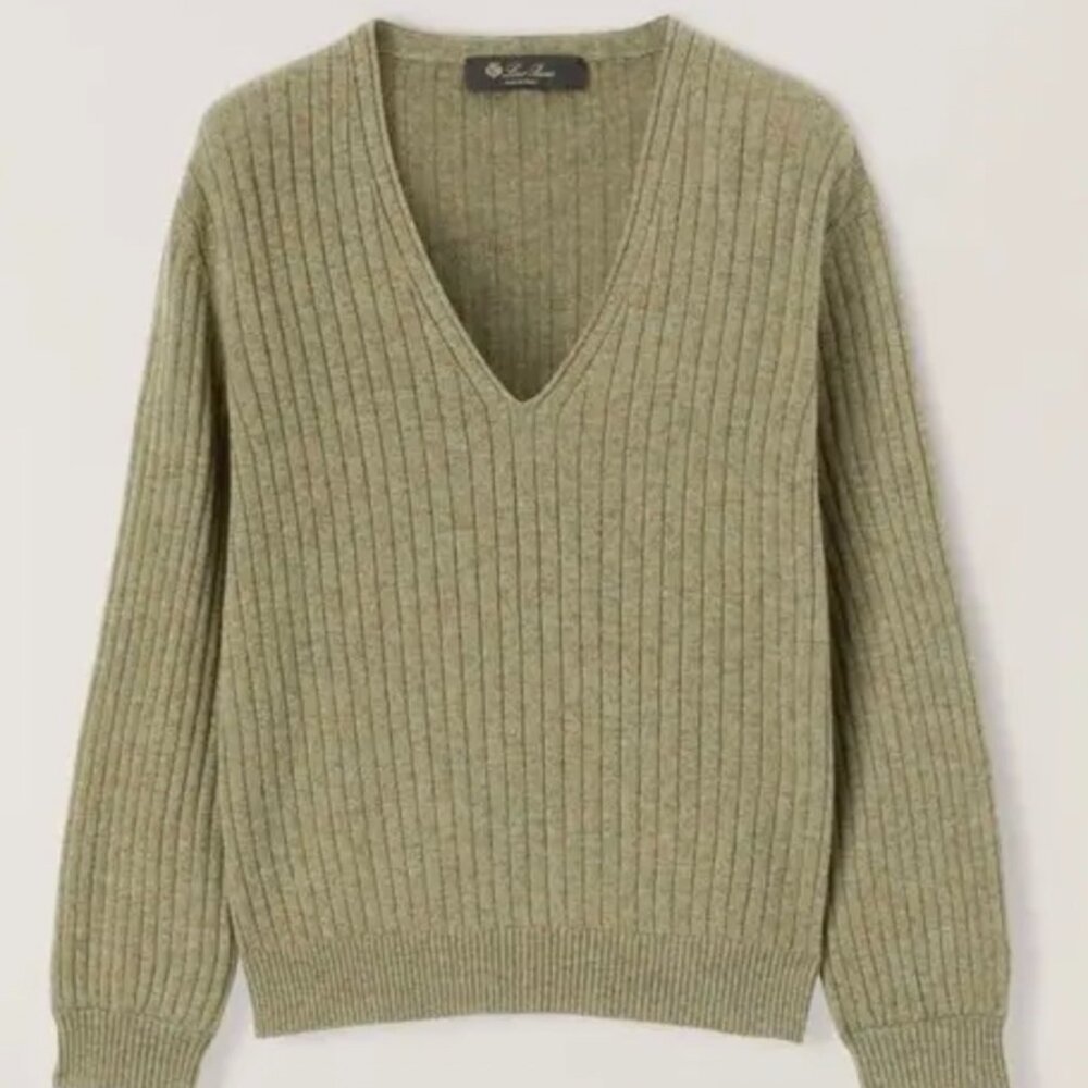 Loro Piana Maras Cashmere V-Neck Sweater in Moss Green
